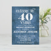 40e verjaardag Uitnodiging Blue Linen Rustic Cheer (Staand voorkant)