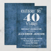 40e verjaardag Uitnodiging Blue Linen Rustic Cheer (Voorkant / Achterkant)