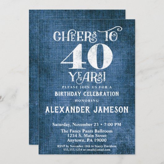 40e verjaardag Uitnodiging Blue Linen Rustic Cheer (Voorkant / Achterkant)