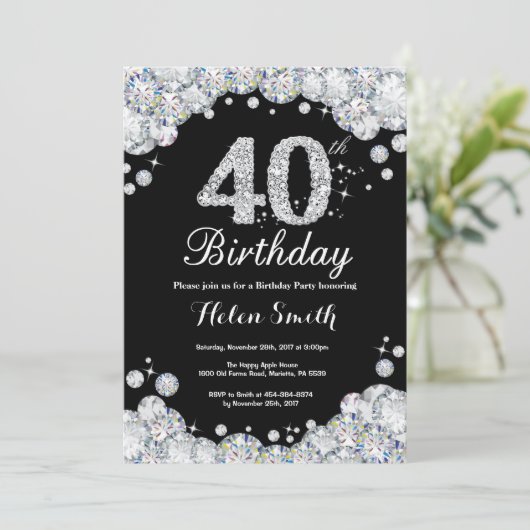 40e verjaardag Uitnodiging Chalkboard Silver Diamo (Staand voorkant)