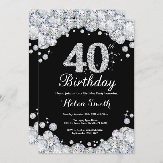 40e verjaardag Uitnodiging Chalkboard Silver Diamo (Voorkant / Achterkant)