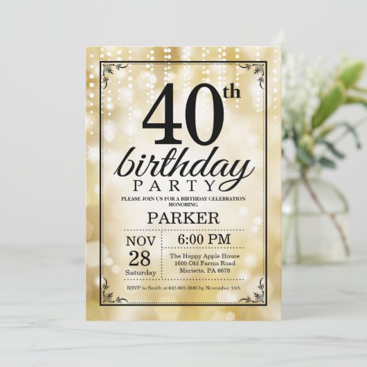 40e verjaardag uitnodiging Gold Glitter (Staand voorkant)