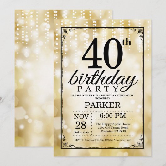 40e verjaardag uitnodiging Gold Glitter (Voorkant / Achterkant)