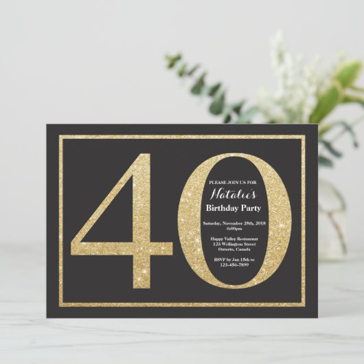 40e verjaardag uitnodiging Gold Glitter Chalkboard (Staand voorkant)