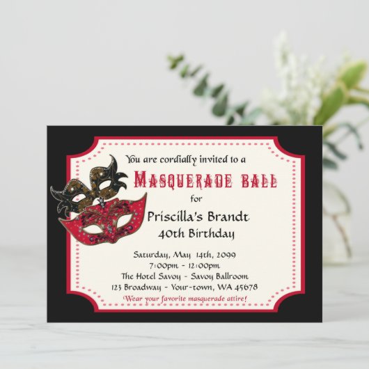 40e verjaardag uitnodiging masquerade,40e, masquer (Staand voorkant)