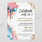 40e verjaardag uitnodiging met roze en blauwe lint (Voorkant / Achterkant)