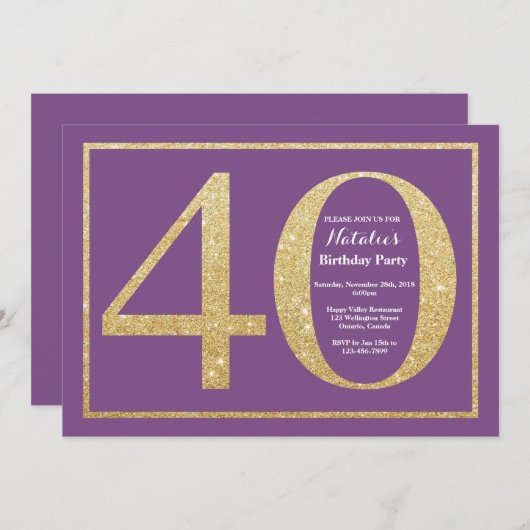40e verjaardag Uitnodiging Paars en goudglitter (Voorkant / Achterkant)