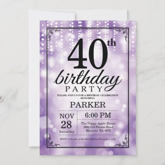 40e verjaardag Uitnodiging Paars Glitter (Voorkant)