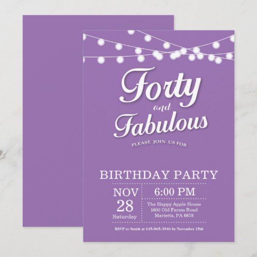 40e verjaardag uitnodiging Paarse fabulous (Voorkant / Achterkant)