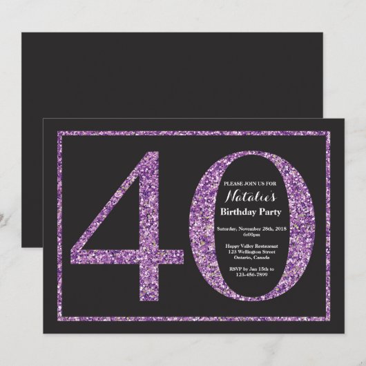 40e Verjaardag Uitnodiging Paarse Glitter schoolbo (Voorkant / Achterkant)