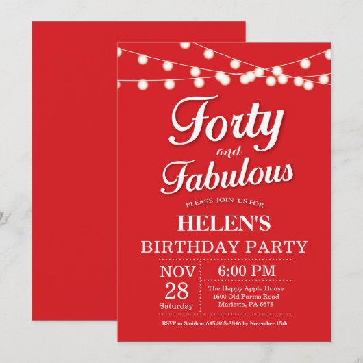 40e verjaardag uitnodiging Red Fabulous (Voorkant / Achterkant)