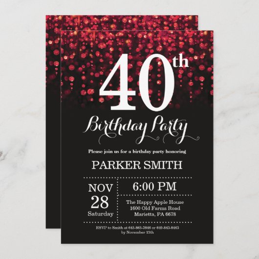 40e verjaardag uitnodiging Red Glitter (Voorkant / Achterkant)
