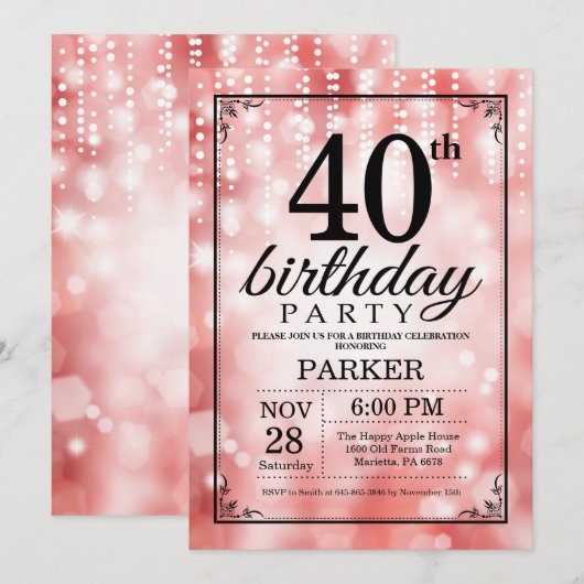 40e verjaardag uitnodiging Red Glitter (Voorkant / Achterkant)