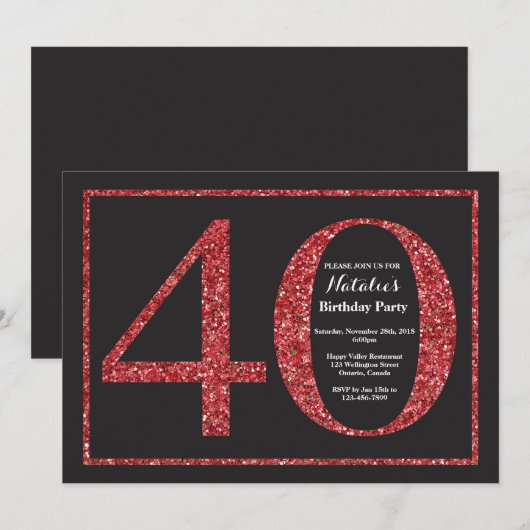 40e verjaardag uitnodiging rode glitter schoolbord (Voorkant / Achterkant)