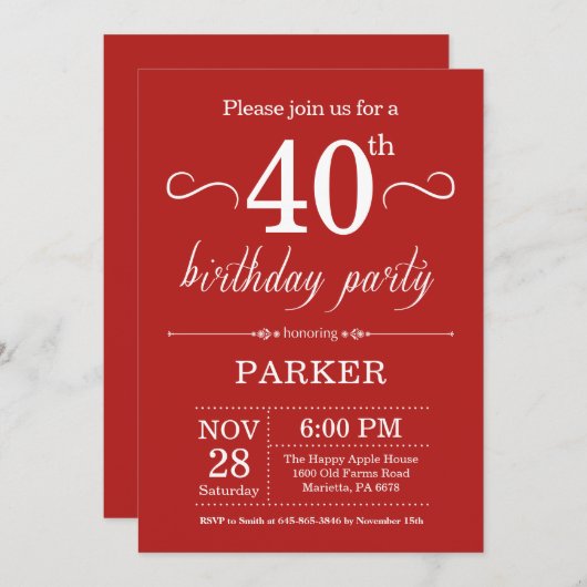 40e verjaardag uitnodiging rood (Voorkant / Achterkant)