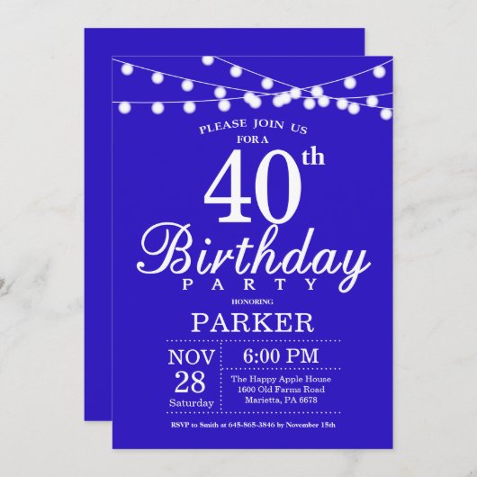 40e verjaardag Uitnodiging Royal Blue (Voorkant / Achterkant)