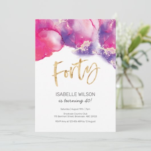 40e Verjaardag Uitnodiging roze Abstracte Waterver (Staand voorkant)