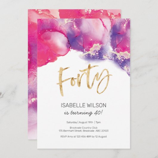 40e Verjaardag Uitnodiging roze Abstracte Waterver (Voorkant / Achterkant)