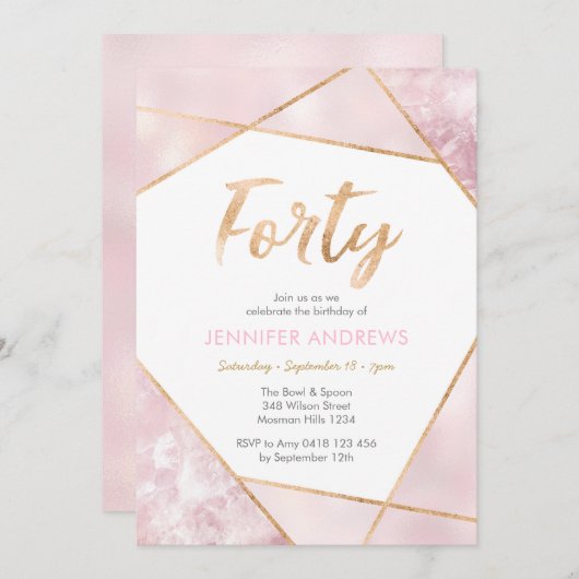 40e verjaardag Uitnodiging roze en goud (Voorkant / Achterkant)