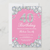 40e verjaardag uitnodiging roze en zilveren diaman (Voorkant)