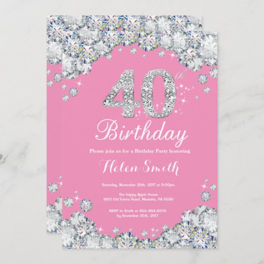 40e verjaardag uitnodiging roze en zilveren diaman (Voorkant / Achterkant)