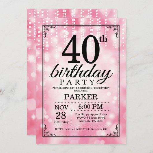 40e verjaardag uitnodiging roze glitter (Voorkant / Achterkant)