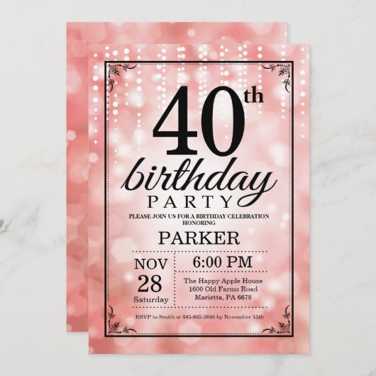 40e verjaardag uitnodiging roze glitter (Voorkant / Achterkant)