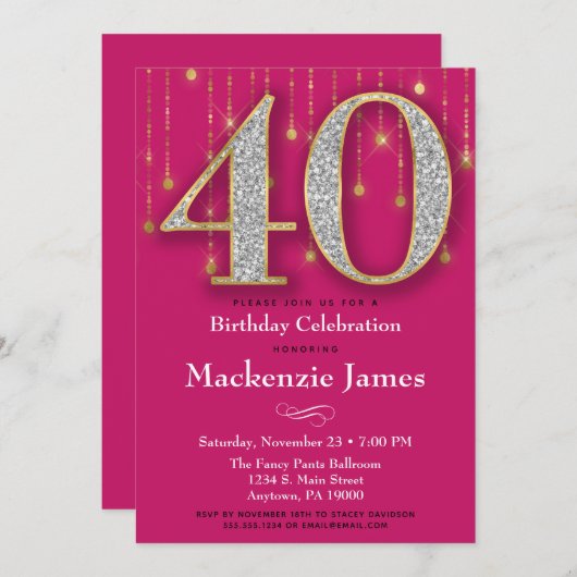 40e verjaardag Uitnodiging Roze Gold Diamonds Adul (Voorkant / Achterkant)