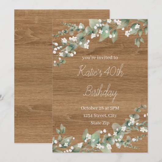 40e verjaardag uitnodiging – rustiek groen | veert (Voorkant / Achterkant)