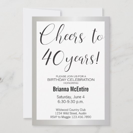40e verjaardag Uitnodiging Silver Black Modern (Voorkant)