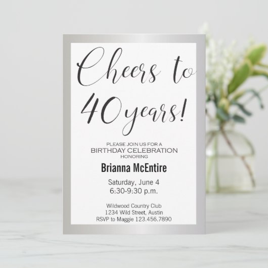 40e verjaardag Uitnodiging Silver Black Modern (Staand voorkant)