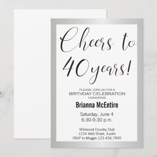 40e verjaardag Uitnodiging Silver Black Modern (Voorkant / Achterkant)