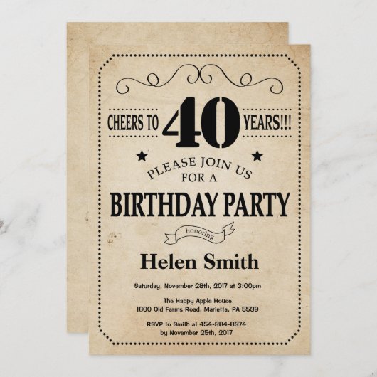 40e verjaardag Uitnodiging Uitnodiging Rustic  Ret (Voorkant / Achterkant)