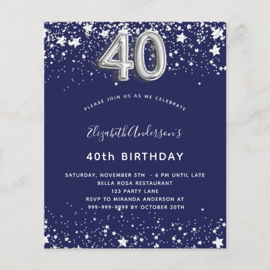 40e verjaardag - uitnodiging voor een blauwe zilve flyer (Voorkant)