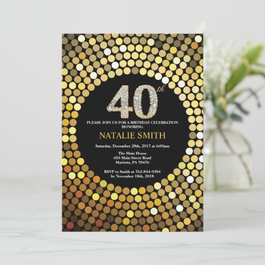 40e verjaardag uitnodiging zwart en goud glitter (Staand voorkant)