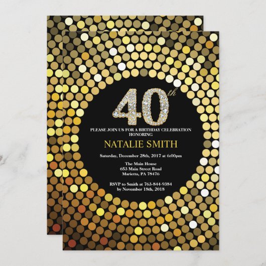40e verjaardag uitnodiging zwart en goud glitter (Voorkant / Achterkant)