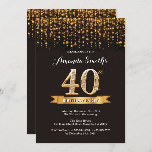 40e verjaardag uitnodiging zwart en goud glitter (Voorkant / Achterkant)