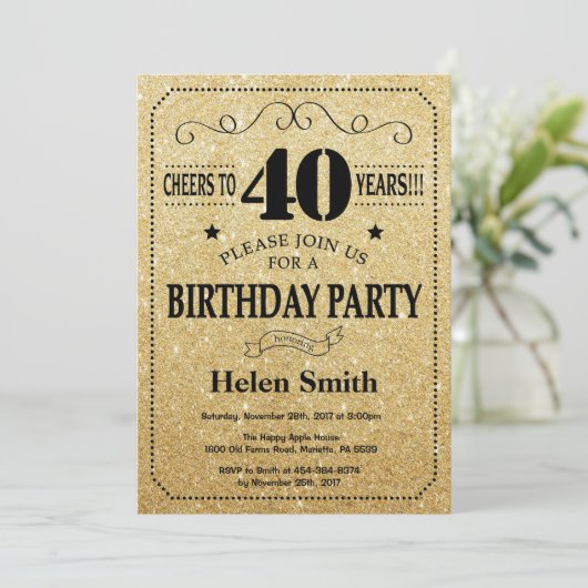 40e verjaardag uitnodiging zwart en goud glitter (Staand voorkant)