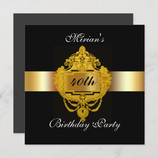 40e verjaardag Uitnodiging zwart goud (Voorkant / Achterkant)