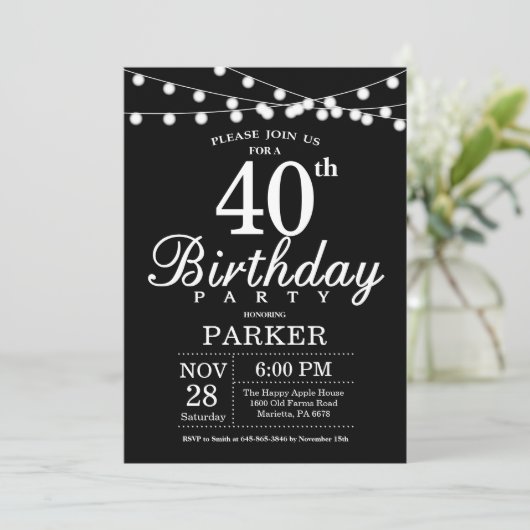 40e verjaardag Uitnodiging zwart-wit (Staand voorkant)