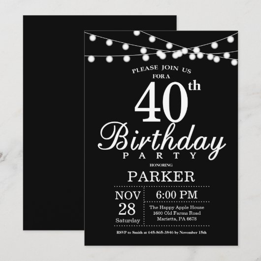 40e verjaardag Uitnodiging zwart-wit (Voorkant / Achterkant)