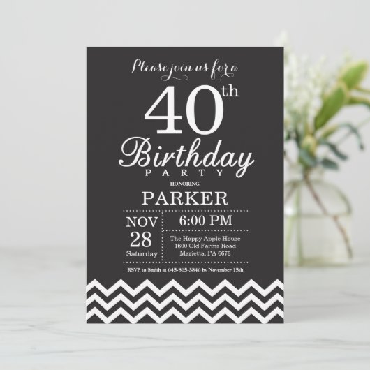 40e verjaardag Uitnodiging zwart-wit Chevron (Staand voorkant)