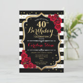 40e verjaardag Uitnodiging zwarte witte strepen Ro (Staand voorkant)