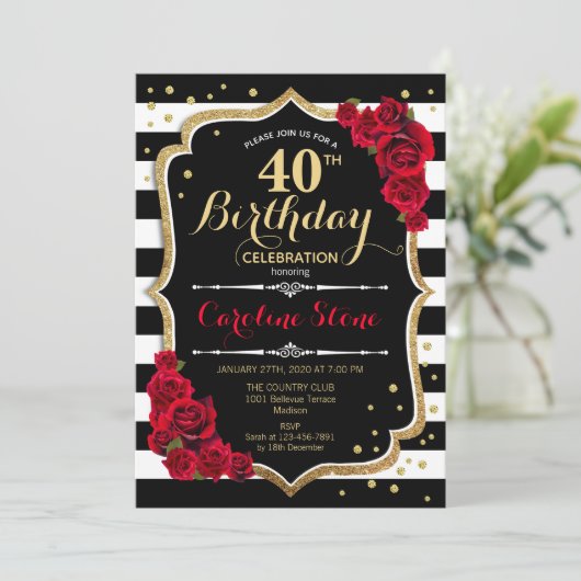 40e verjaardag Uitnodiging zwarte witte strepen Ro (Staand voorkant)
