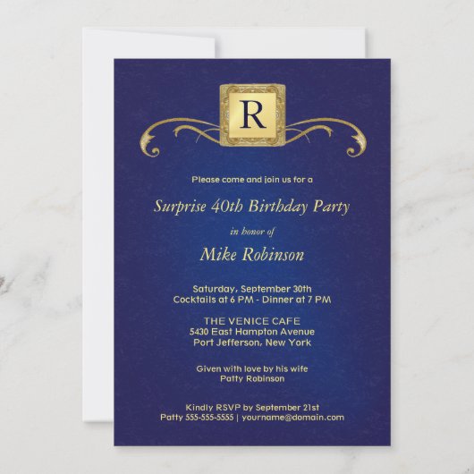 40e verjaardag Uitnodigingen - Monogram blauw & go (Achterkant)