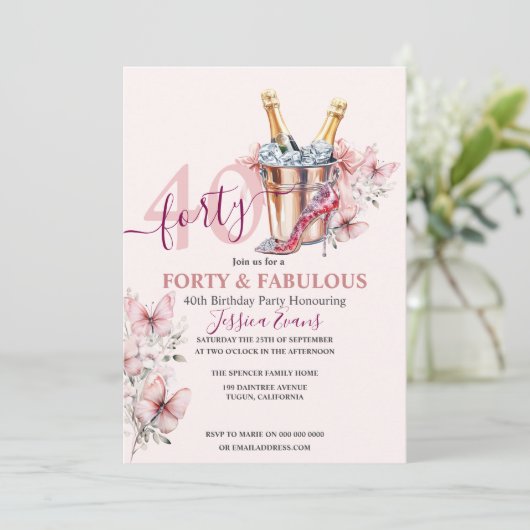 40e verjaardag uitnodigingen Roos Gold Elegant Roz (Staand voorkant)