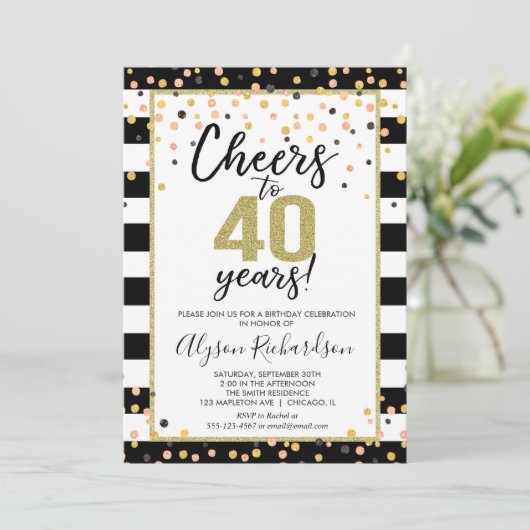 40e verjaardag uitnodigingen, zwart en goud confet kaart (Staand voorkant)