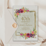 40e verjaardag van de  Floral-vrouwen van Elegant Kaart<br><div class="desc">Elegant  paars,  rood en geel waterverf floral and gold lijst women's 40e verjaardagsfeest. De tekst is volledig klantgericht,  zodat kan deze kaart voor om het even welke leeftijd worden veranderd.</div>