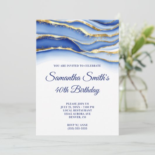 40e verjaardag van de gouden en marinesblauwe inkt kaart (Staand voorkant)