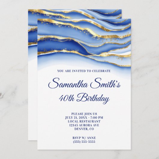 40e verjaardag van de gouden en marinesblauwe inkt kaart (Voorkant / Achterkant)